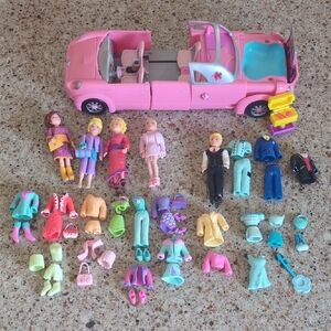 Vintage Polly Pocket Pink Convertible + Dolls + Clothes